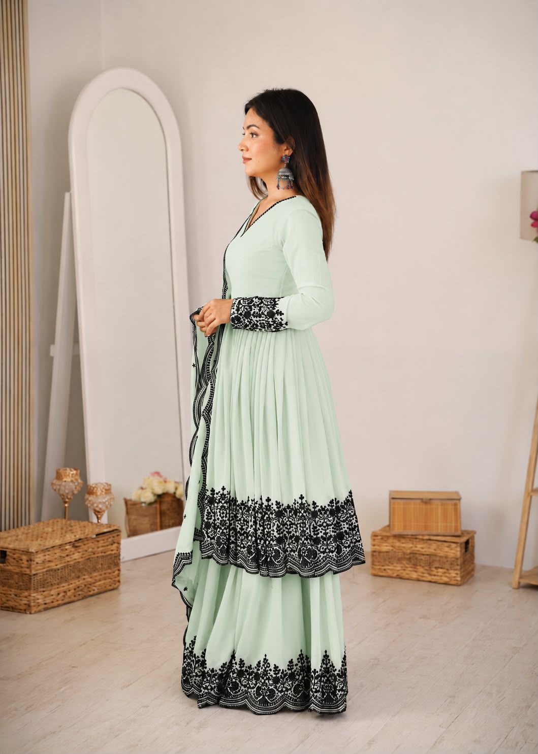 Fantastic Cream Faux Georgette Peplum and Suit Set with Mirror Work