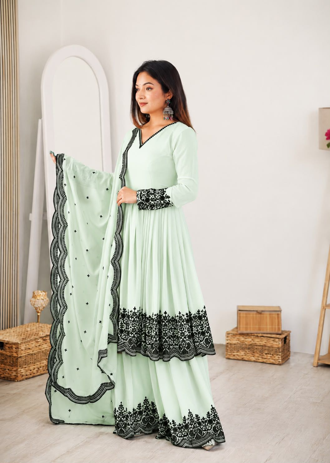Fantastic Cream Faux Georgette Peplum and Suit Set with Mirror Work