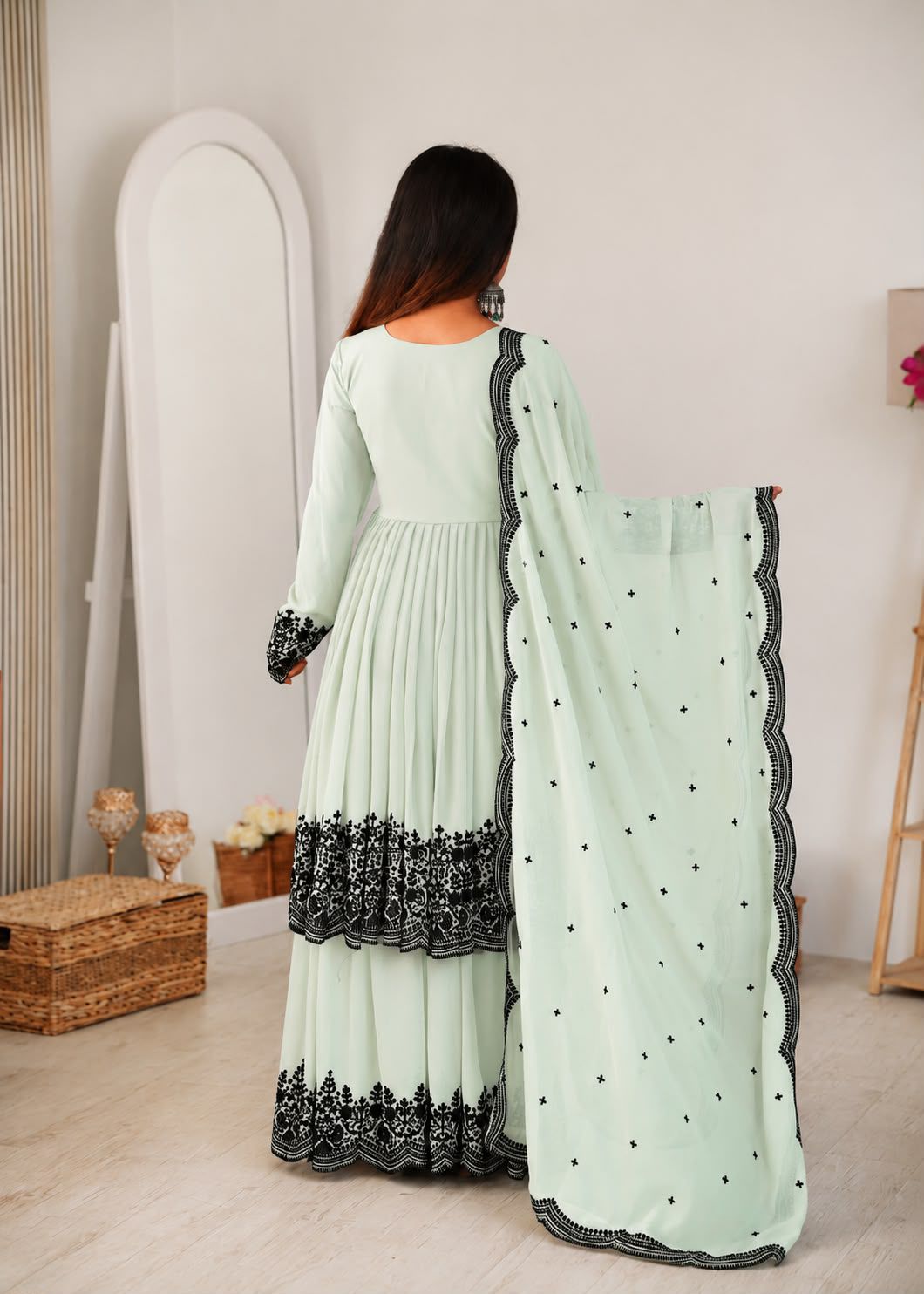 Fantastic Cream Faux Georgette Peplum and Suit Set with Mirror Work