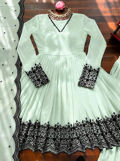 Fantastic Cream Faux Georgette Peplum and Suit Set with Mirror Work