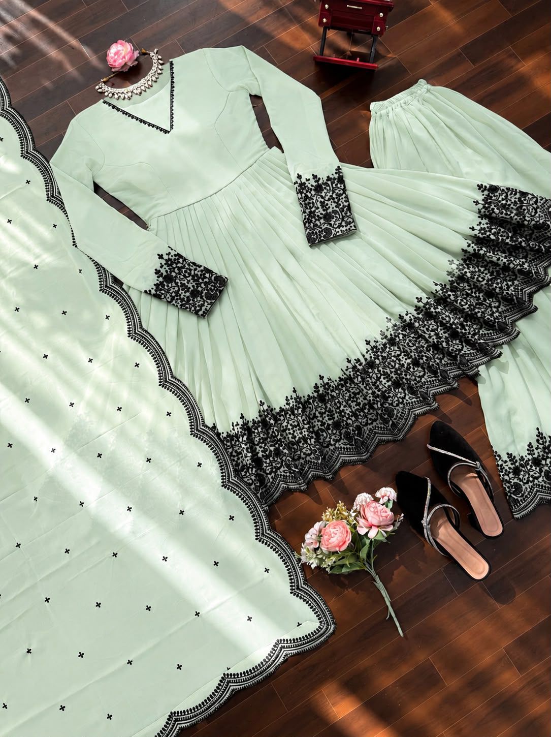 Fantastic Cream Faux Georgette Peplum and Suit Set with Mirror Work