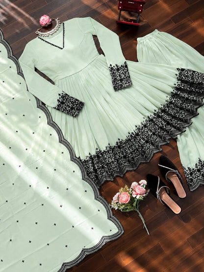 Fantastic Cream Faux Georgette Peplum and Suit Set with Mirror Work