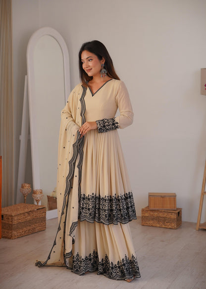 Elegant Cream Faux Georgette Kurta and Suit Set with Contrast Black Embroidery