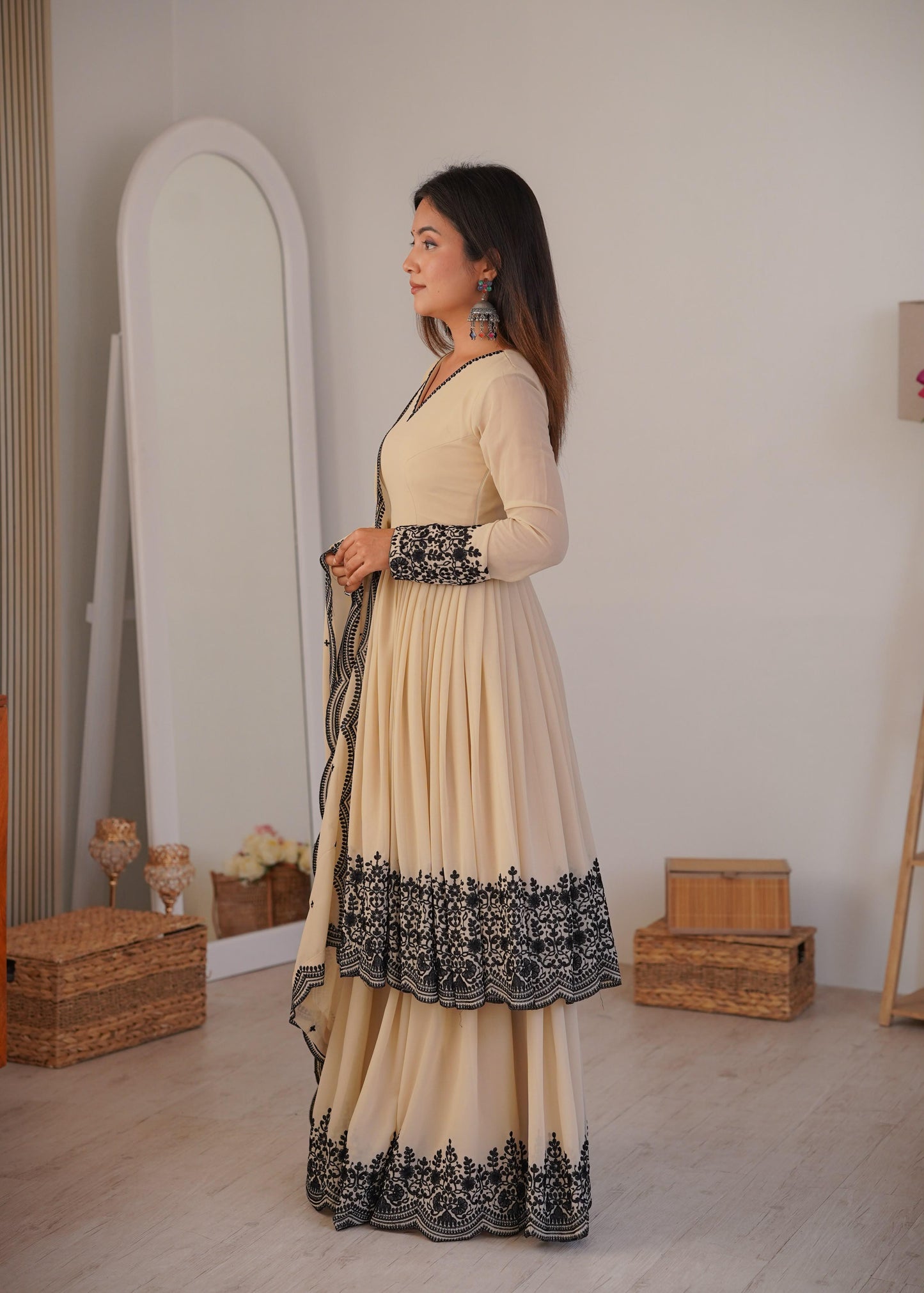 Elegant Cream Faux Georgette Kurta and Suit Set with Contrast Black Embroidery