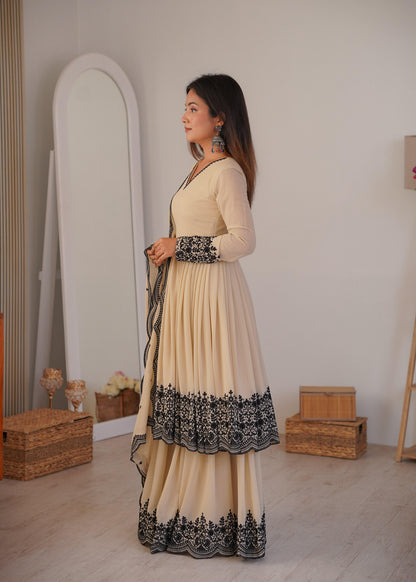 Elegant Cream Faux Georgette Kurta and Suit Set with Contrast Black Embroidery