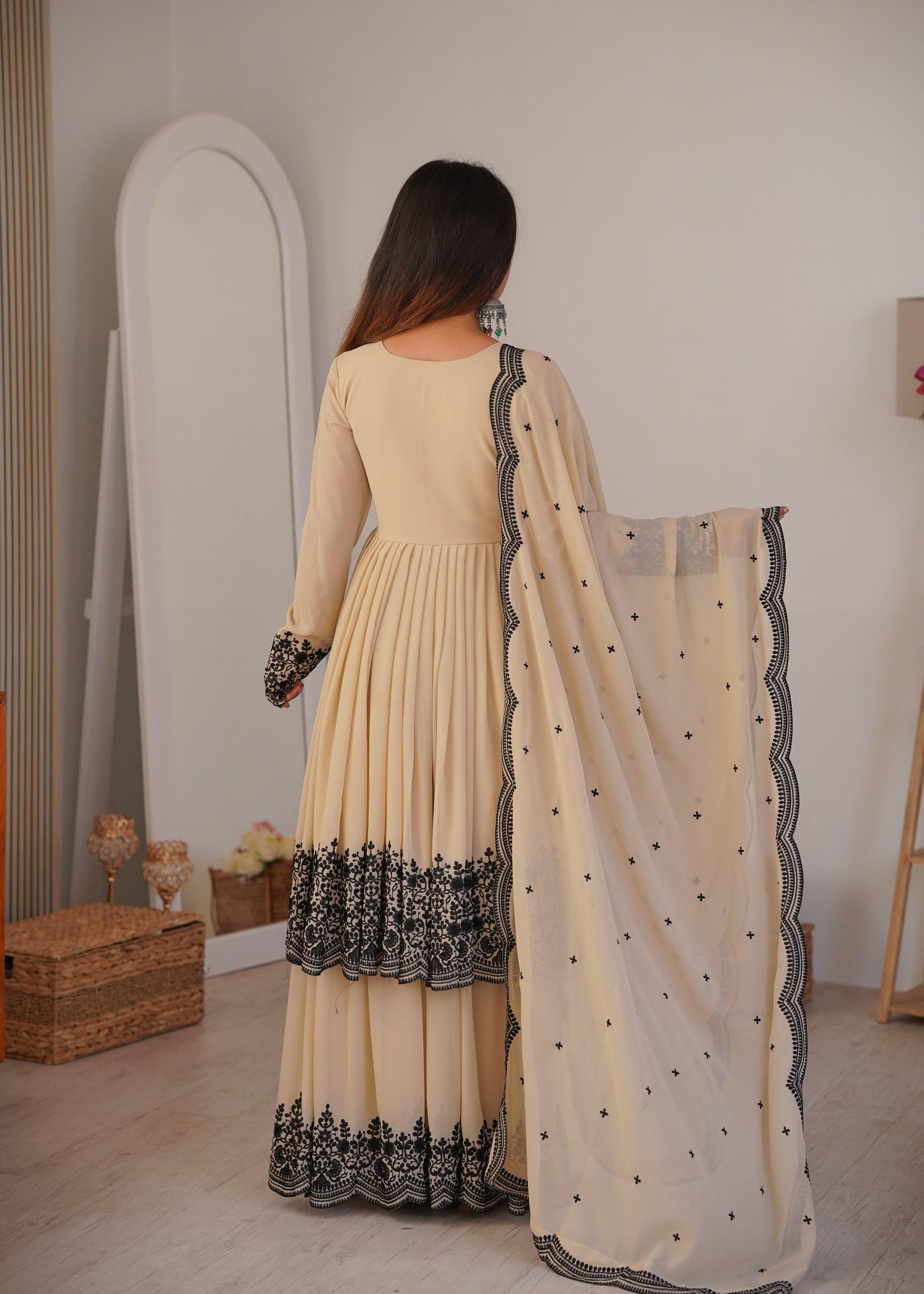 Elegant Cream Faux Georgette Kurta and Suit Set with Contrast Black Embroidery