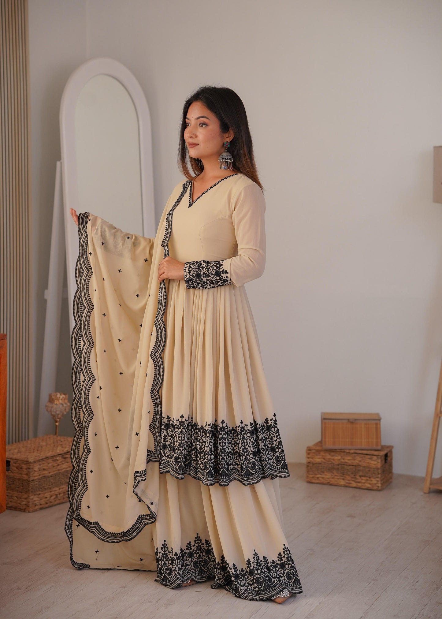Elegant Cream Faux Georgette Kurta and Suit Set with Contrast Black Embroidery