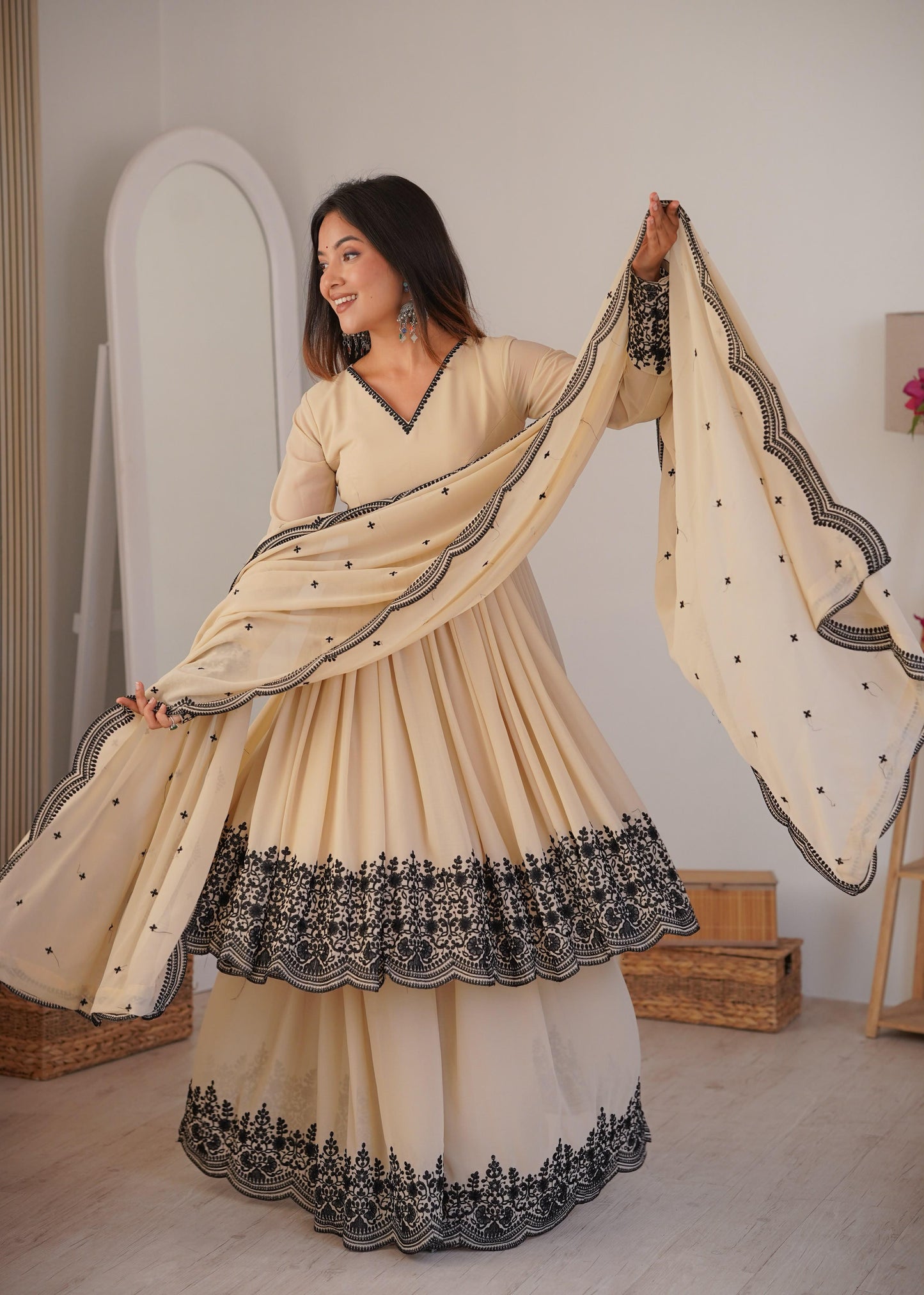 Elegant Cream Faux Georgette Kurta and Suit Set with Contrast Black Embroidery