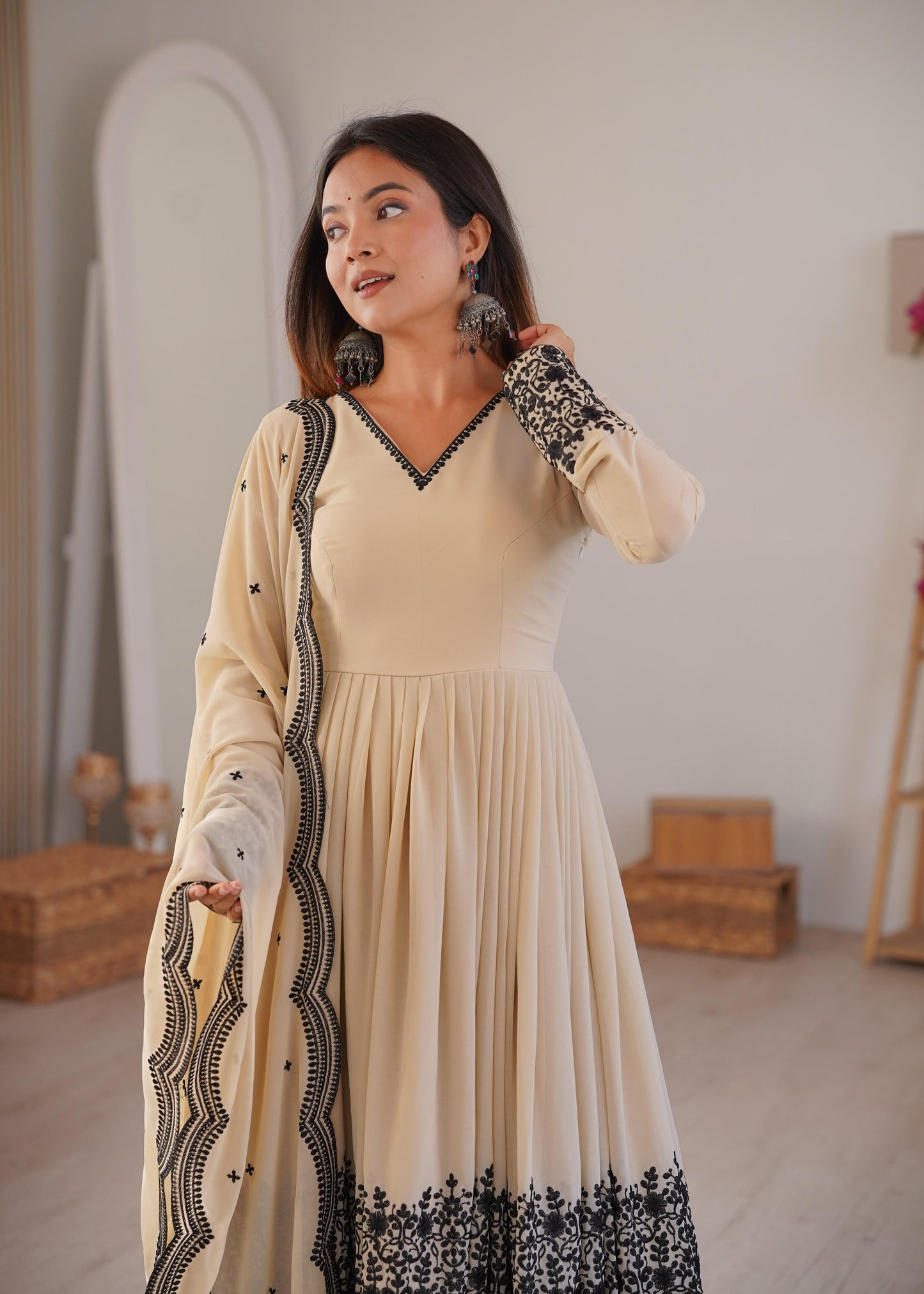 Elegant Cream Faux Georgette Kurta and Suit Set with Contrast Black Embroidery