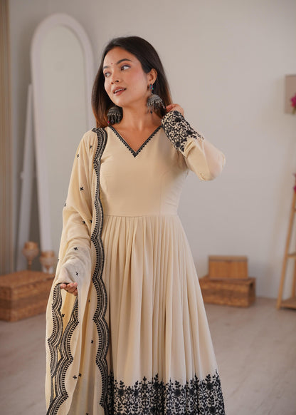 Elegant Cream Faux Georgette Kurta and Suit Set with Contrast Black Embroidery