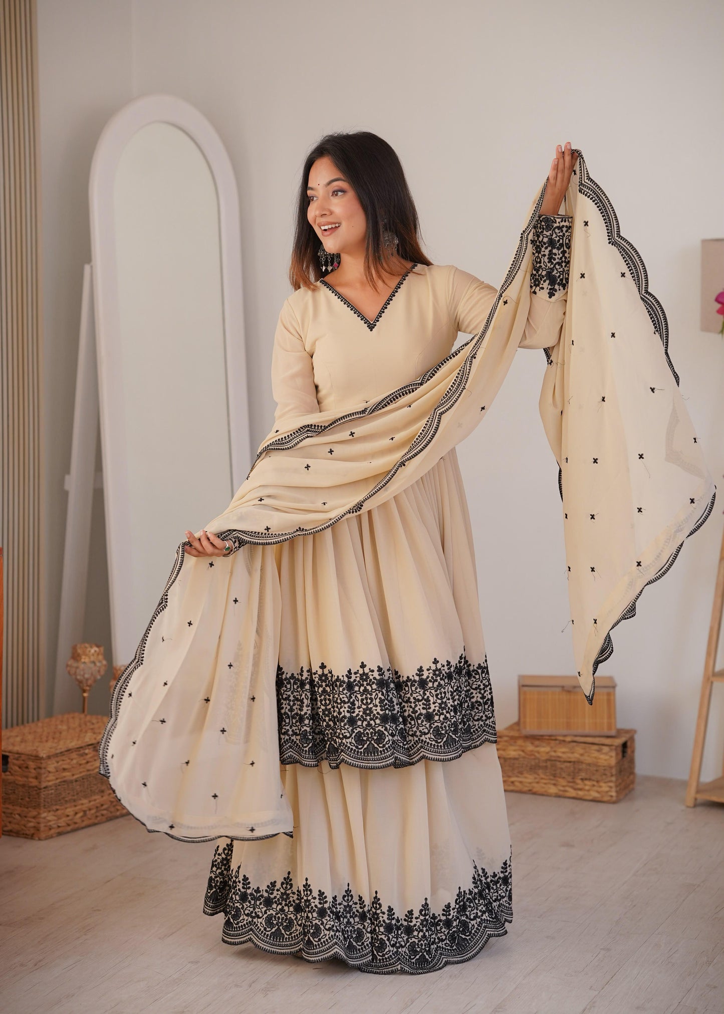 Elegant Cream Faux Georgette Kurta and Suit Set with Contrast Black Embroidery