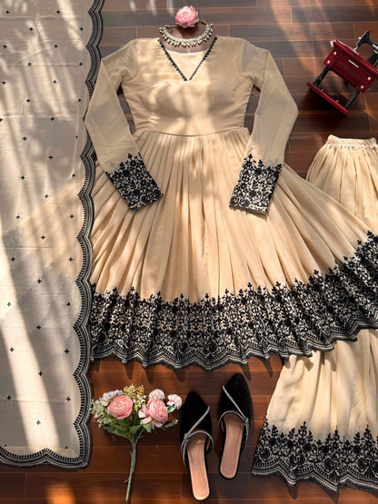 Elegant Cream Faux Georgette Kurta and Suit Set with Contrast Black Embroidery