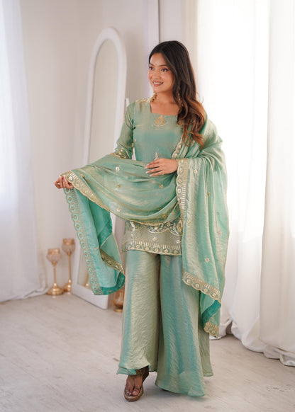 Trendy Sea-Green  Fendy Silk Kurta and Palazzo Set with Intricate Embroidery