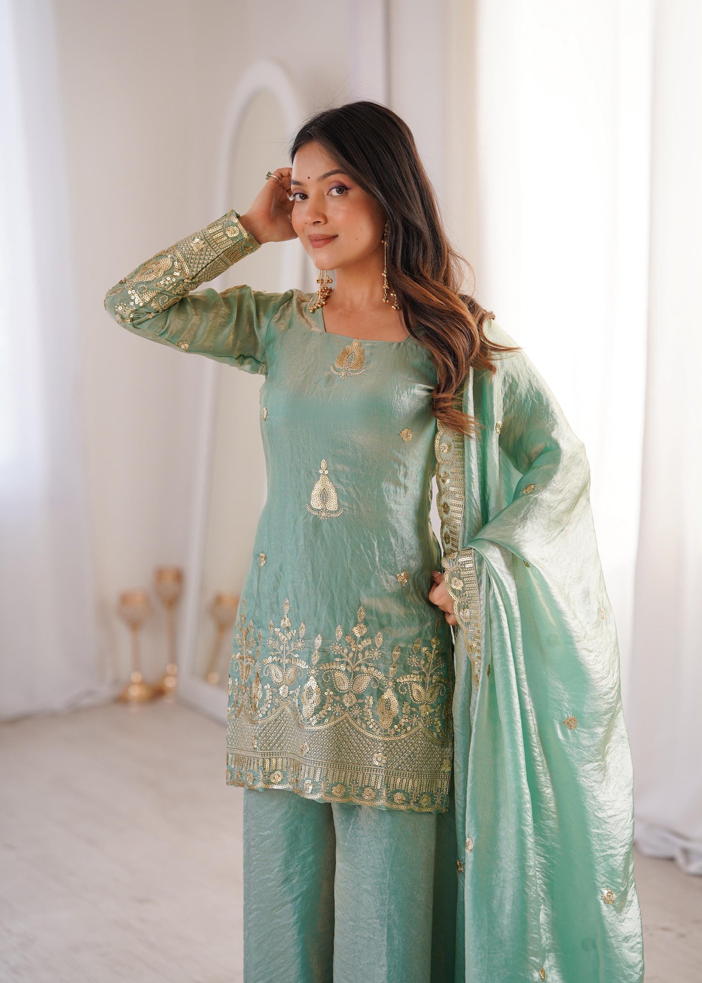 Trendy Sea-Green  Fendy Silk Kurta and Palazzo Set with Intricate Embroidery