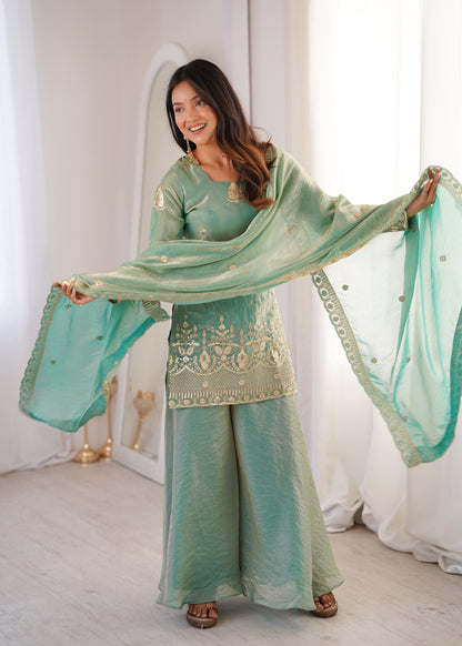 Trendy Sea-Green  Fendy Silk Kurta and Palazzo Set with Intricate Embroidery