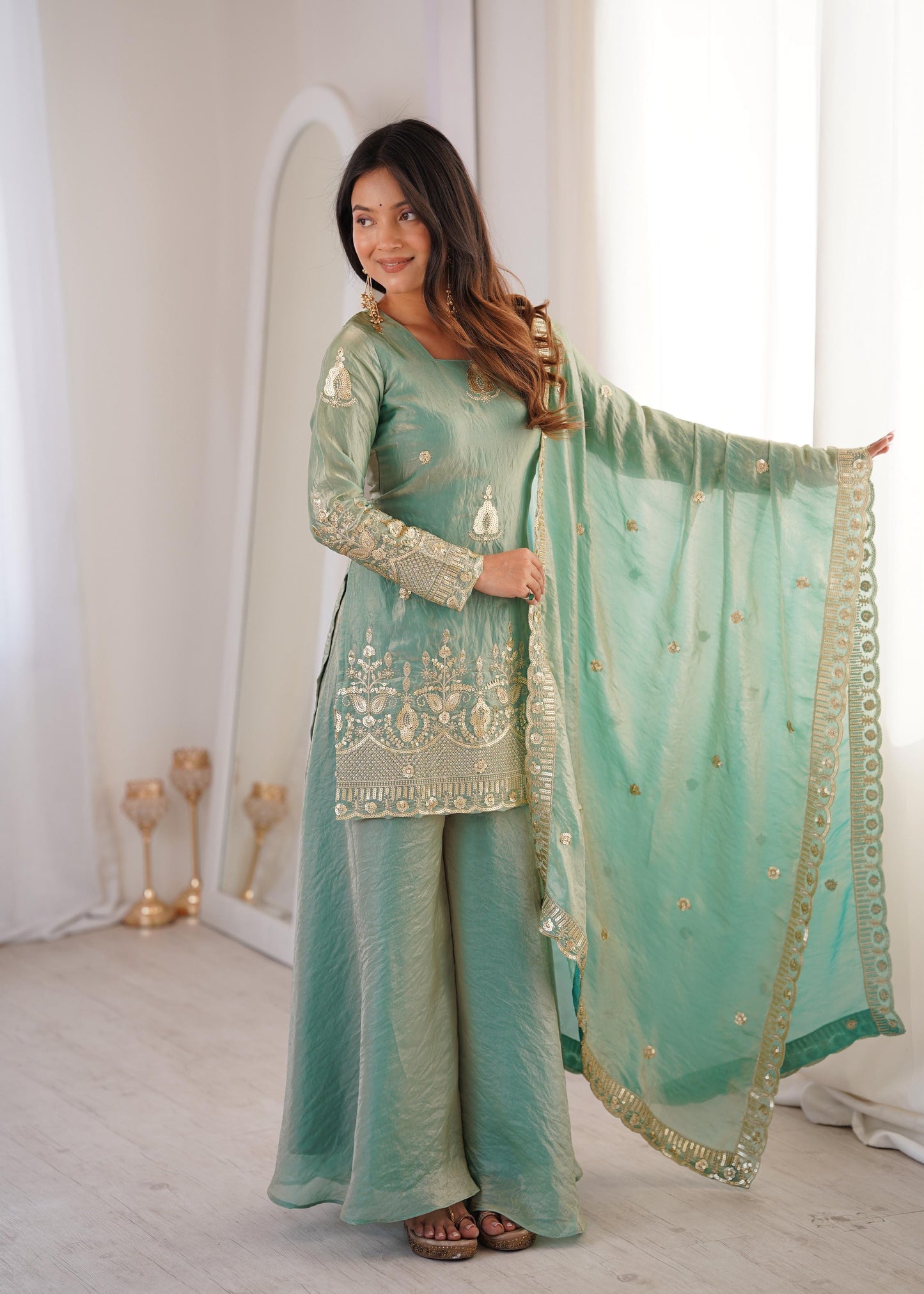 Trendy Sea-Green  Fendy Silk Kurta and Palazzo Set with Intricate Embroidery
