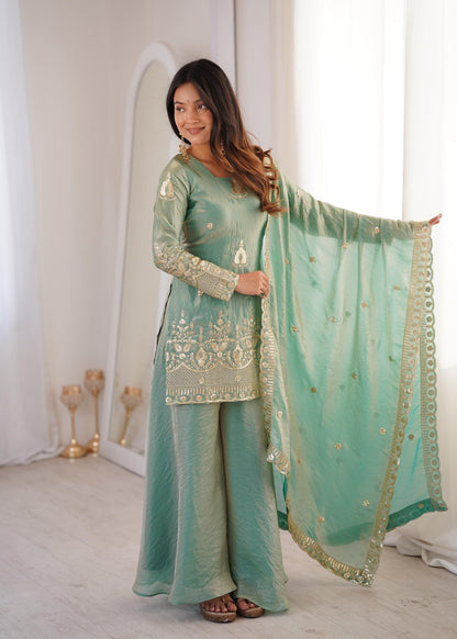 Trendy Sea-Green  Fendy Silk Kurta and Palazzo Set with Intricate Embroidery