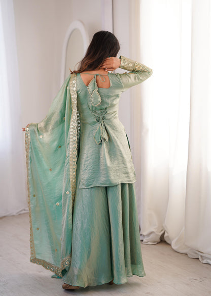 Trendy Sea-Green  Fendy Silk Kurta and Palazzo Set with Intricate Embroidery