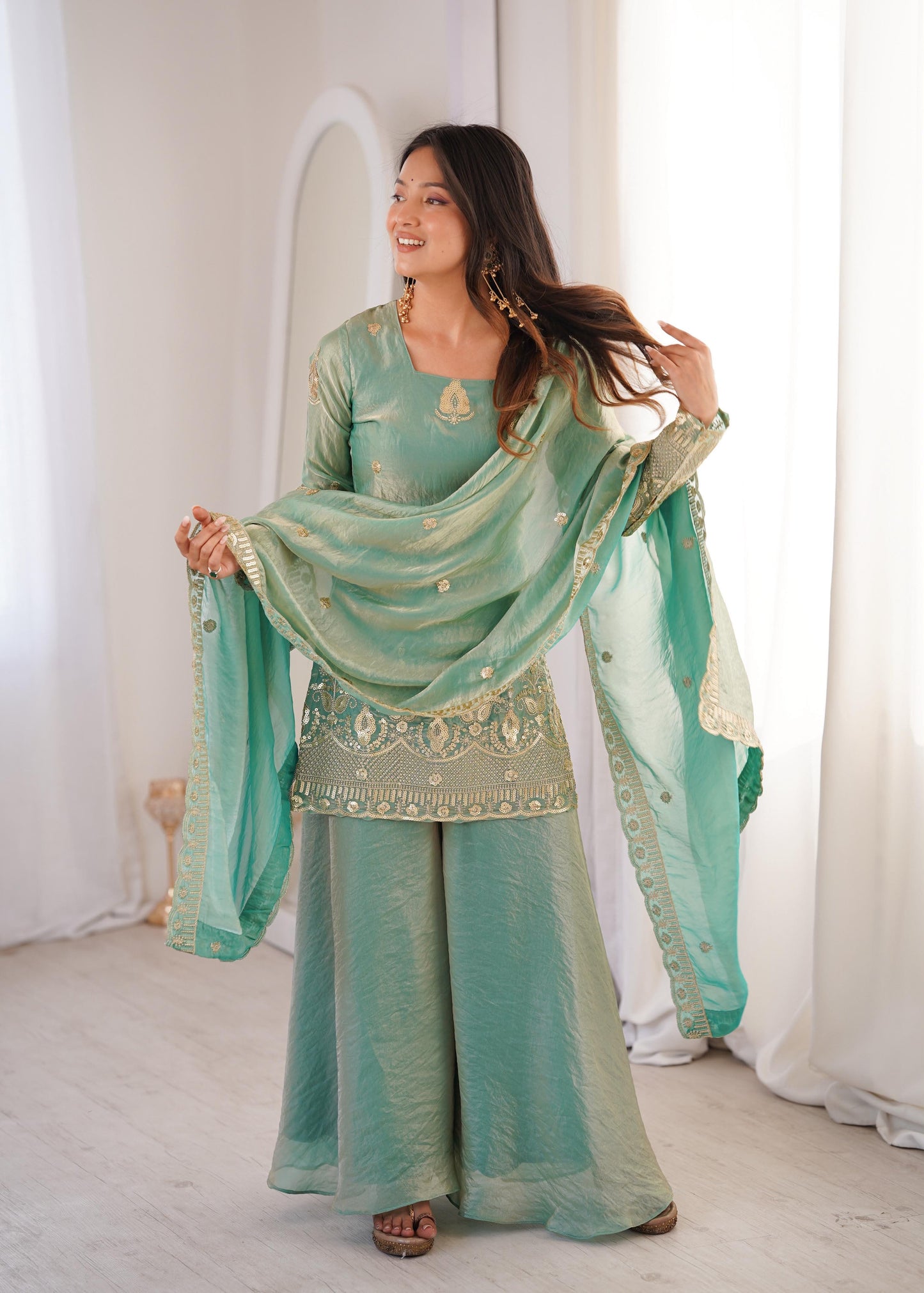 Trendy Sea-Green  Fendy Silk Kurta and Palazzo Set with Intricate Embroidery