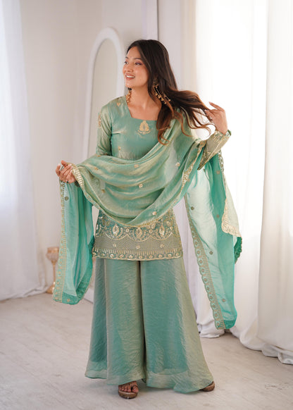 Trendy Sea-Green  Fendy Silk Kurta and Palazzo Set with Intricate Embroidery
