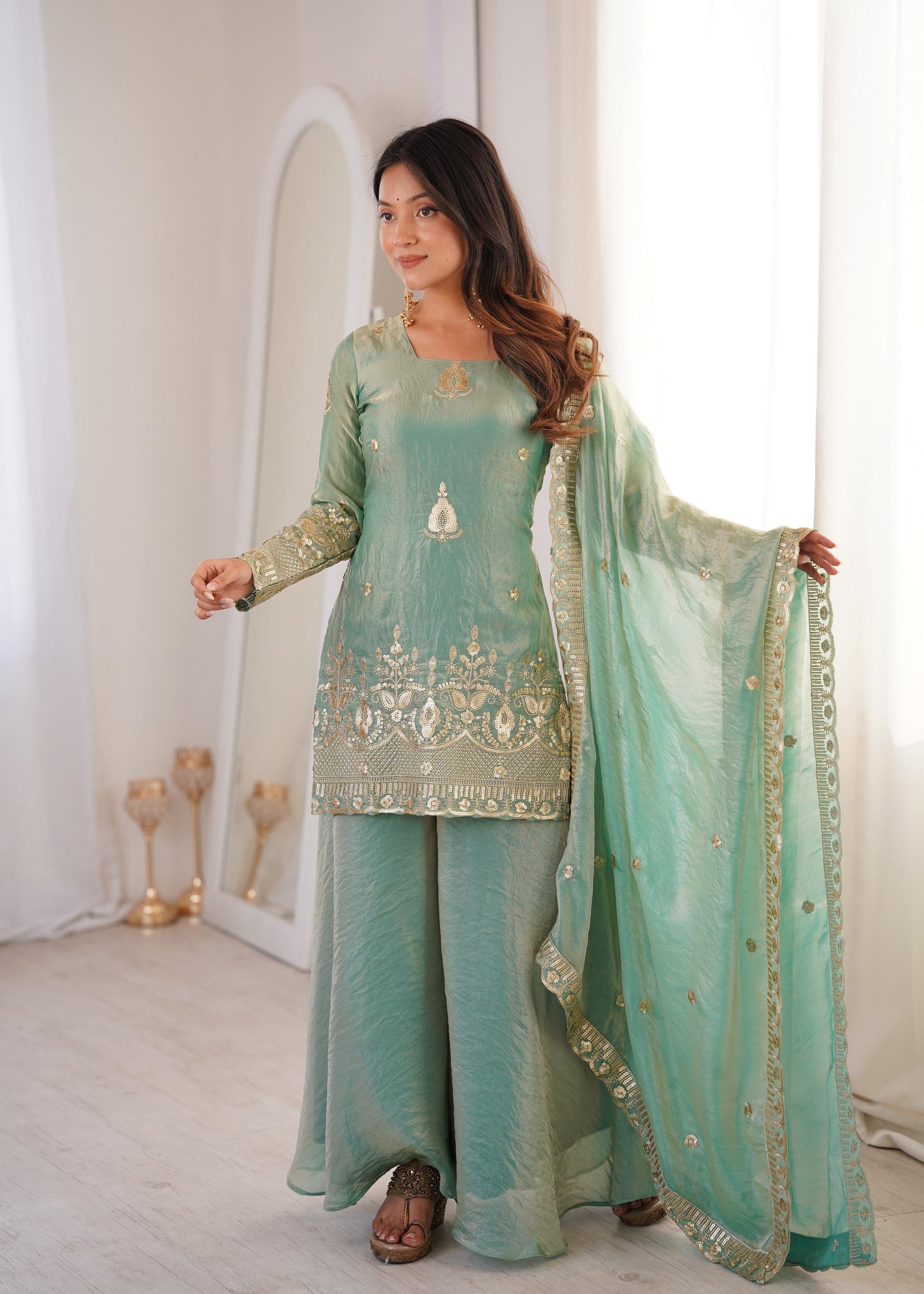 Trendy Sea-Green  Fendy Silk Kurta and Palazzo Set with Intricate Embroidery