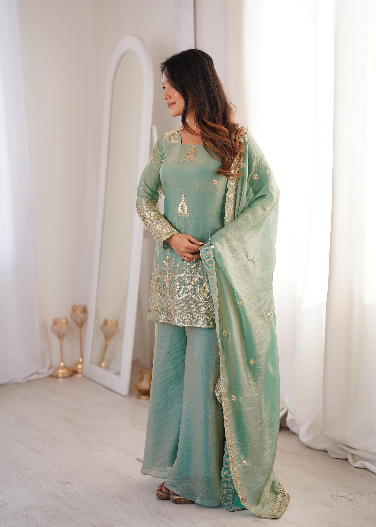 Trendy Sea-Green  Fendy Silk Kurta and Palazzo Set with Intricate Embroidery