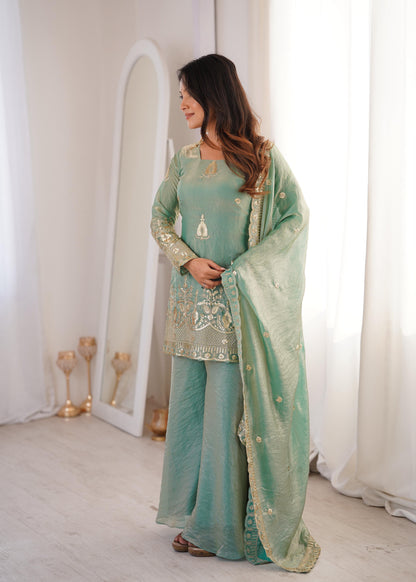 Trendy Sea-Green  Fendy Silk Kurta and Palazzo Set with Intricate Embroidery