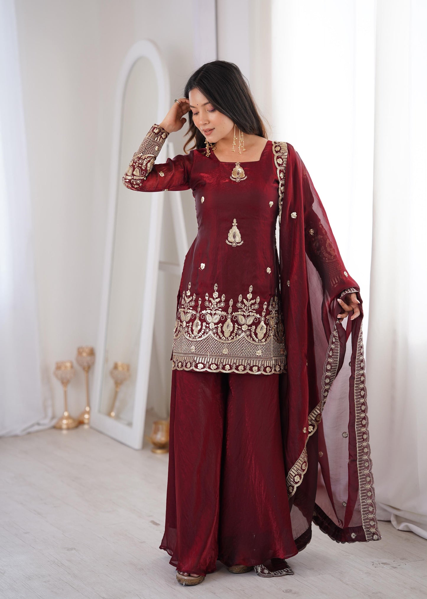 Regal Maroon Fendy Silk Kurta and Palazzo Set with Intricate Embroidery
