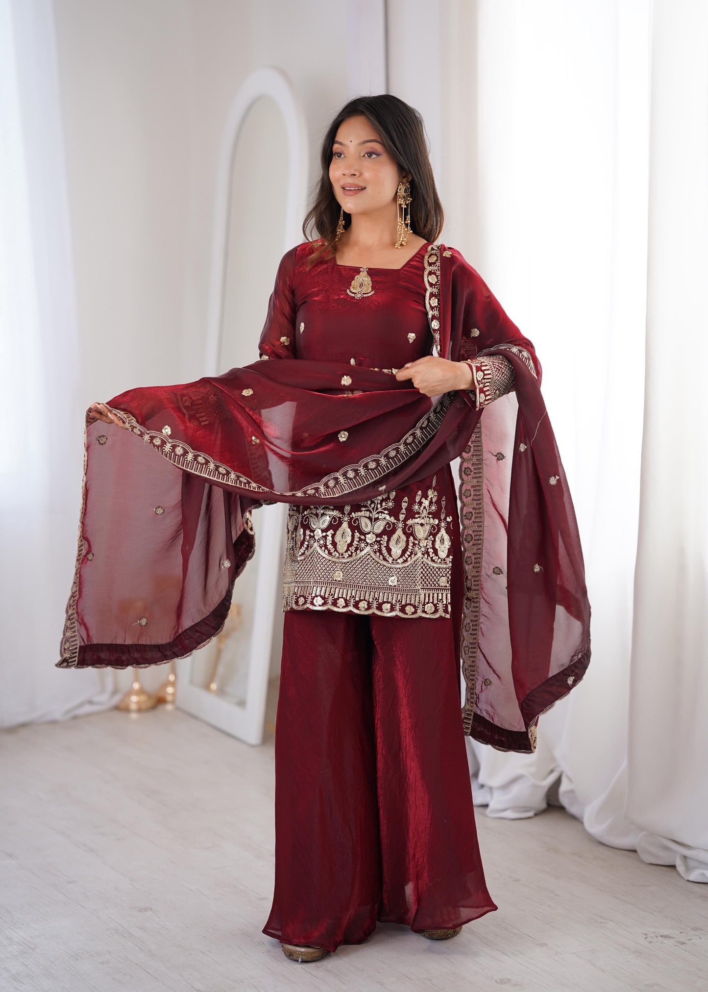 Regal Maroon Fendy Silk Kurta and Palazzo Set with Intricate Embroidery