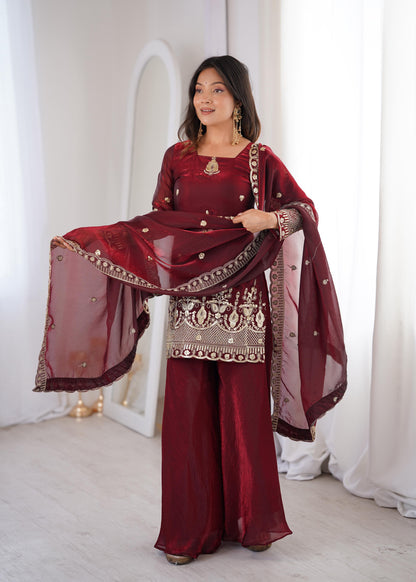 Regal Maroon Fendy Silk Kurta and Palazzo Set with Intricate Embroidery