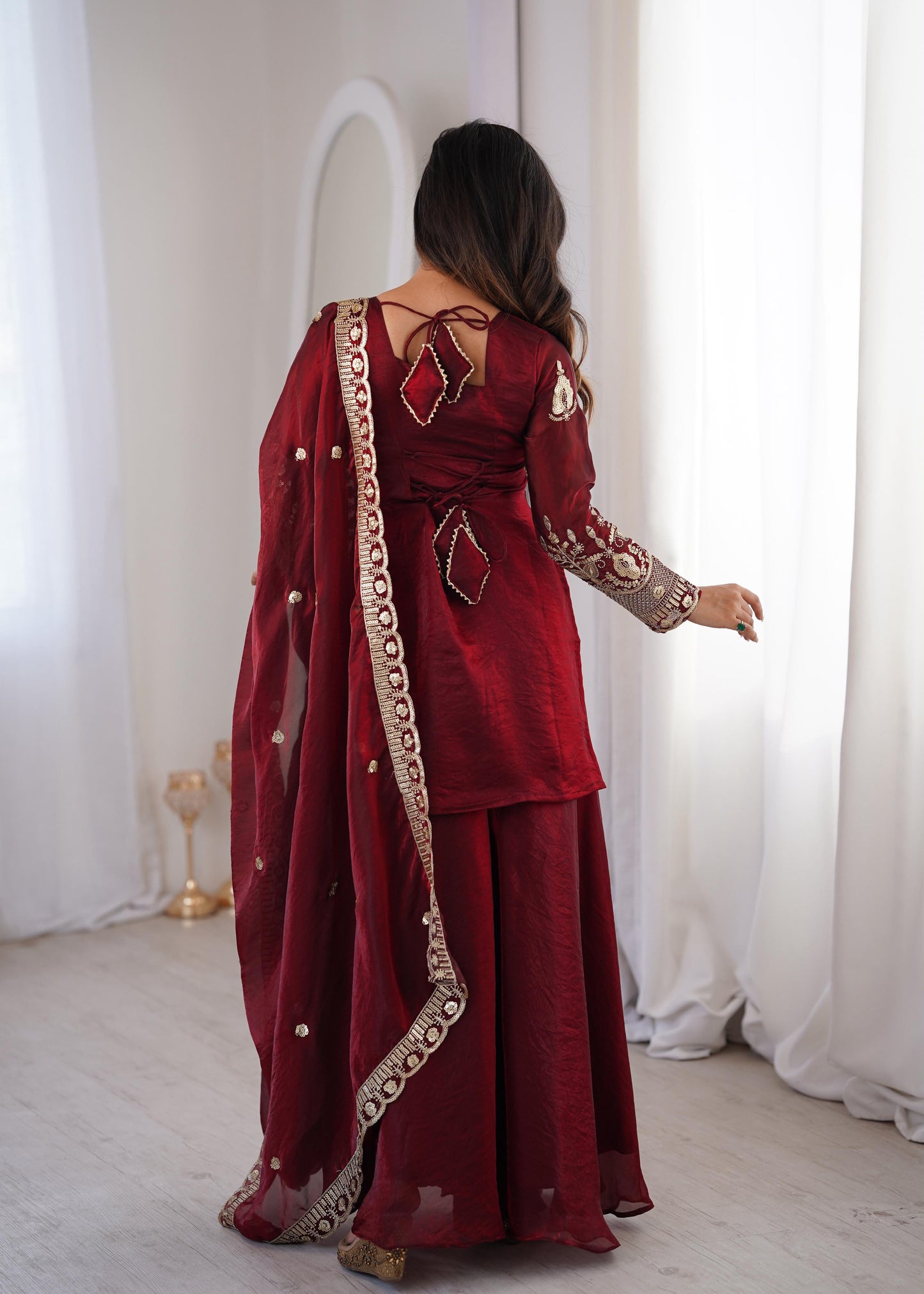 Regal Maroon Fendy Silk Kurta and Palazzo Set with Intricate Embroidery