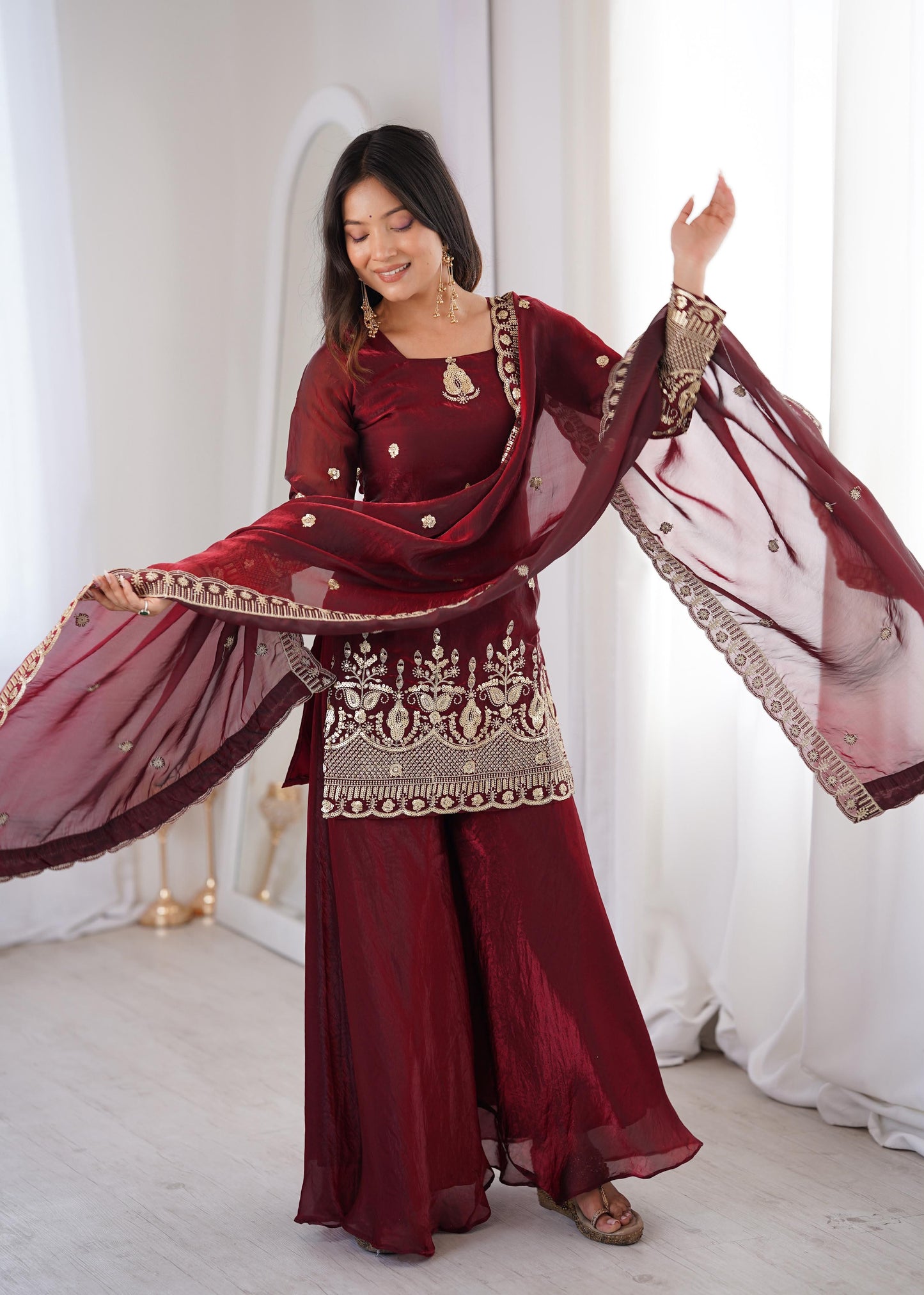 Regal Maroon Fendy Silk Kurta and Palazzo Set with Intricate Embroidery