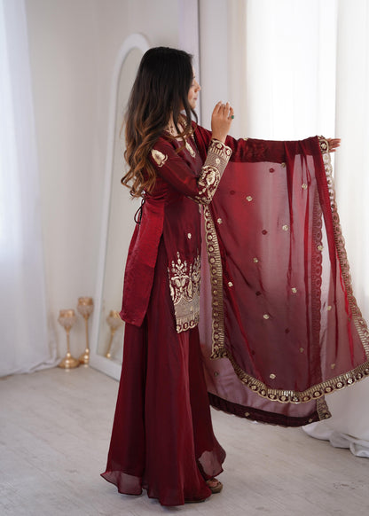 Regal Maroon Fendy Silk Kurta and Palazzo Set with Intricate Embroidery
