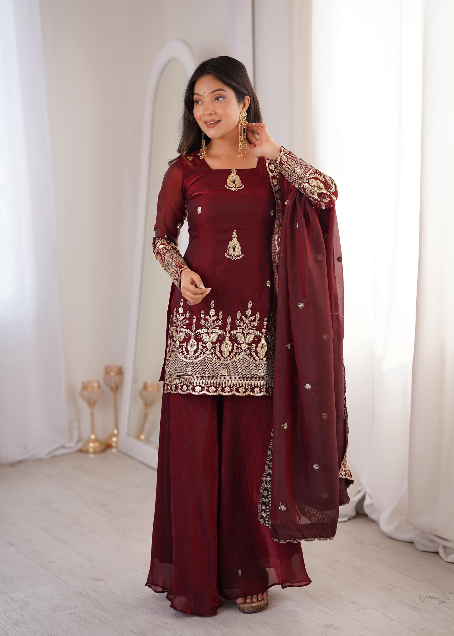 Regal Maroon Fendy Silk Kurta and Palazzo Set with Intricate Embroidery