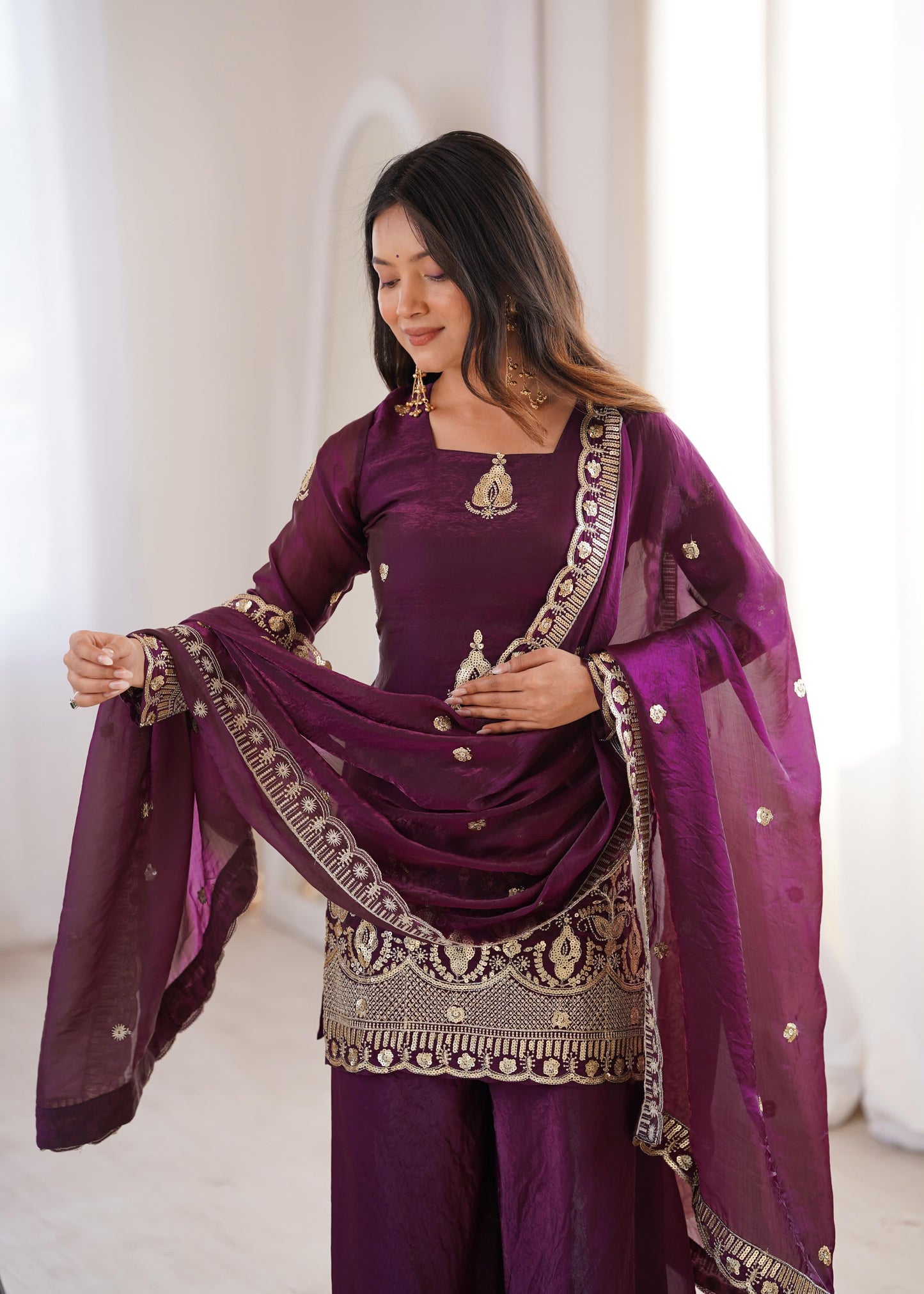 Royal Deep Purple Fendy Silk Kurta and Palazzo Set with Intricate Embroidery