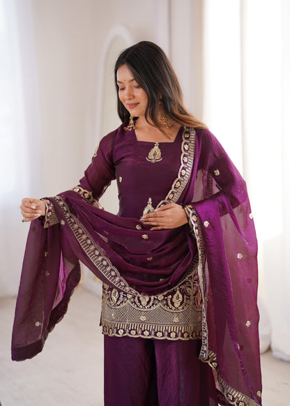 Royal Deep Purple Fendy Silk Kurta and Palazzo Set with Intricate Embroidery