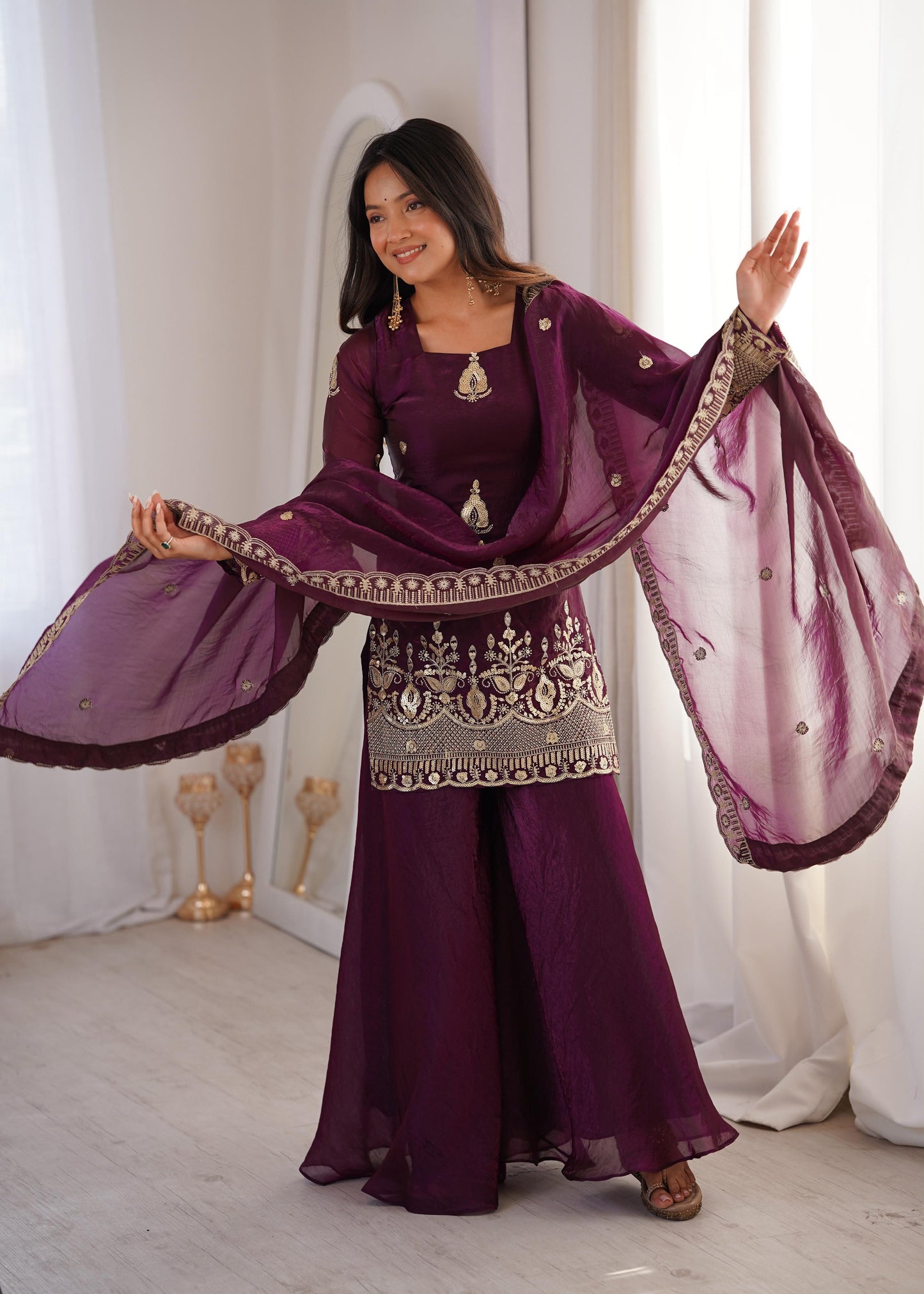 Royal Deep Purple Fendy Silk Kurta and Palazzo Set with Intricate Embroidery
