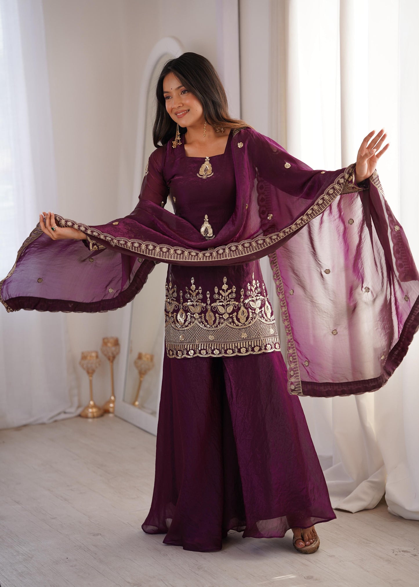 Royal Deep Purple Fendy Silk Kurta and Palazzo Set with Intricate Embroidery