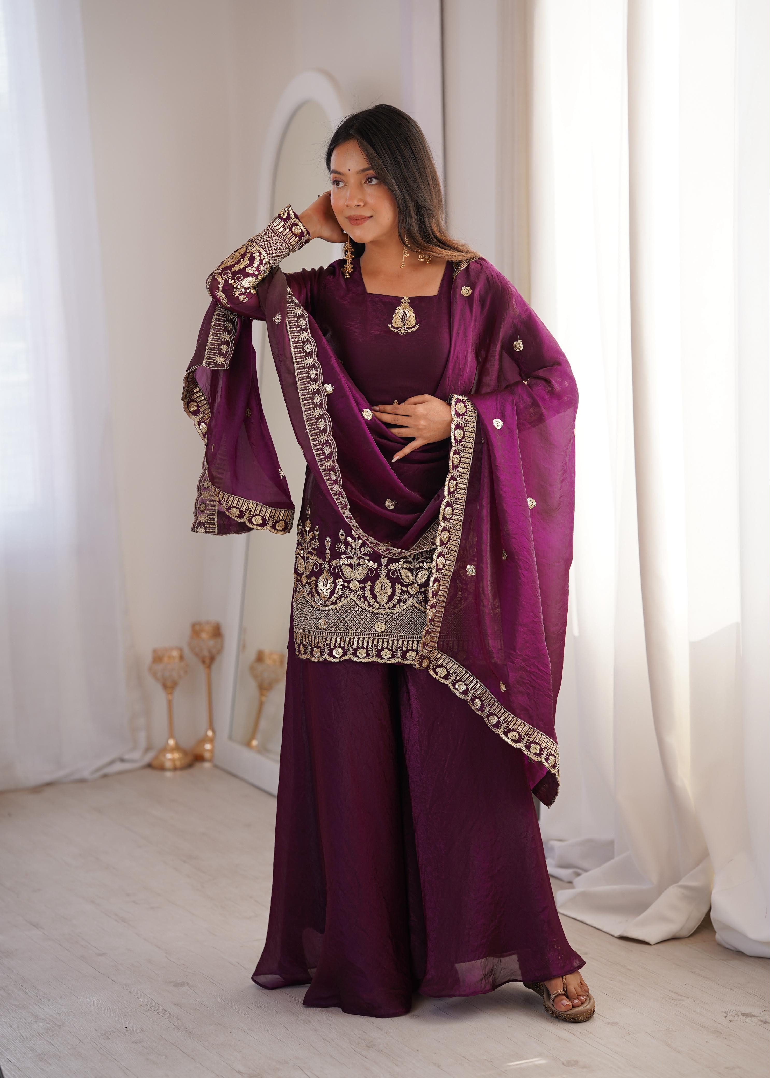 Royal Deep Purple Fendy Silk Kurta and Palazzo Set with Intricate Embroidery