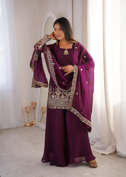 Royal Deep Purple Fendy Silk Kurta and Palazzo Set with Intricate Embroidery