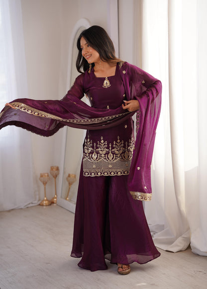 Royal Deep Purple Fendy Silk Kurta and Palazzo Set with Intricate Embroidery
