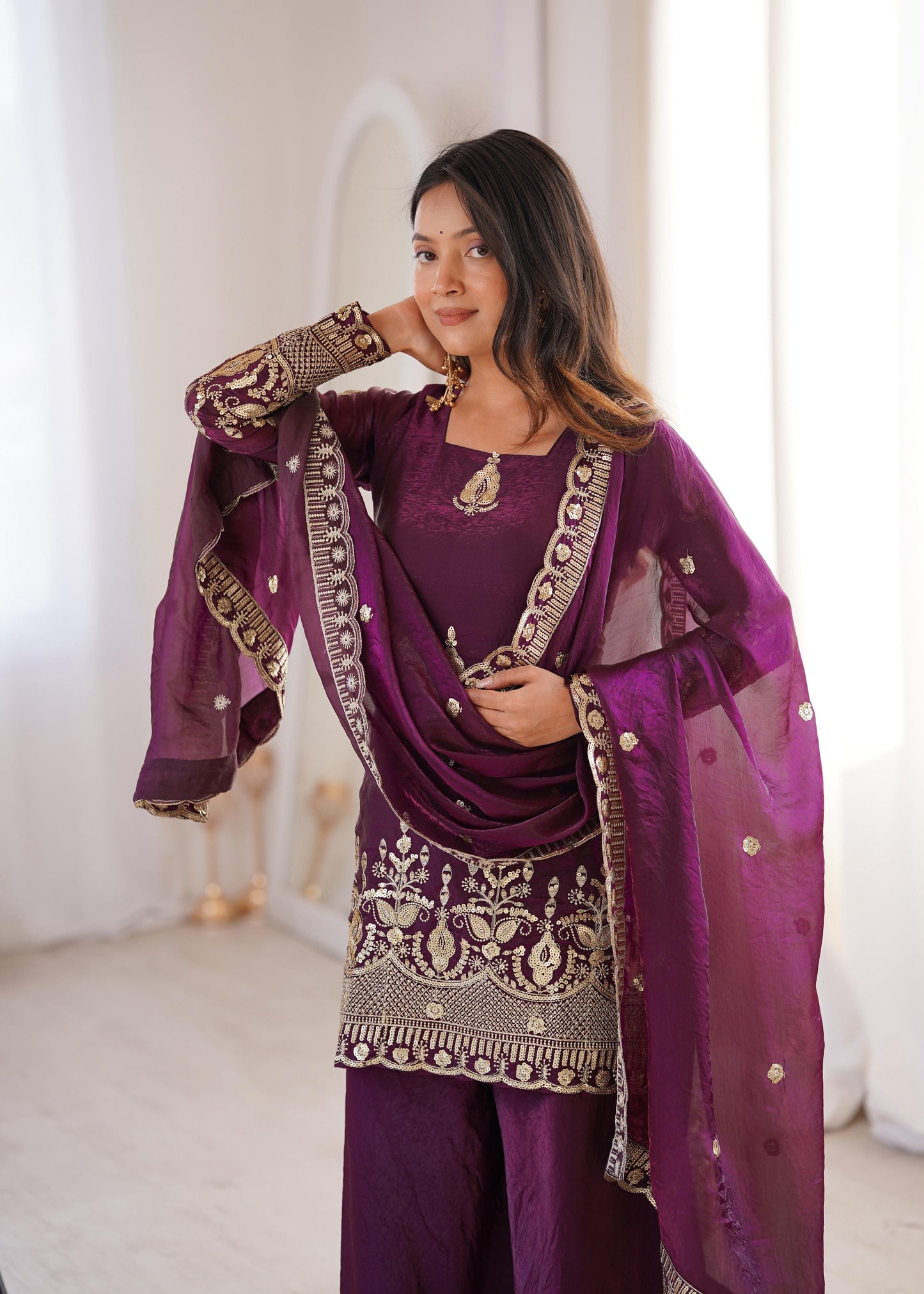 Royal Deep Purple Fendy Silk Kurta and Palazzo Set with Intricate Embroidery