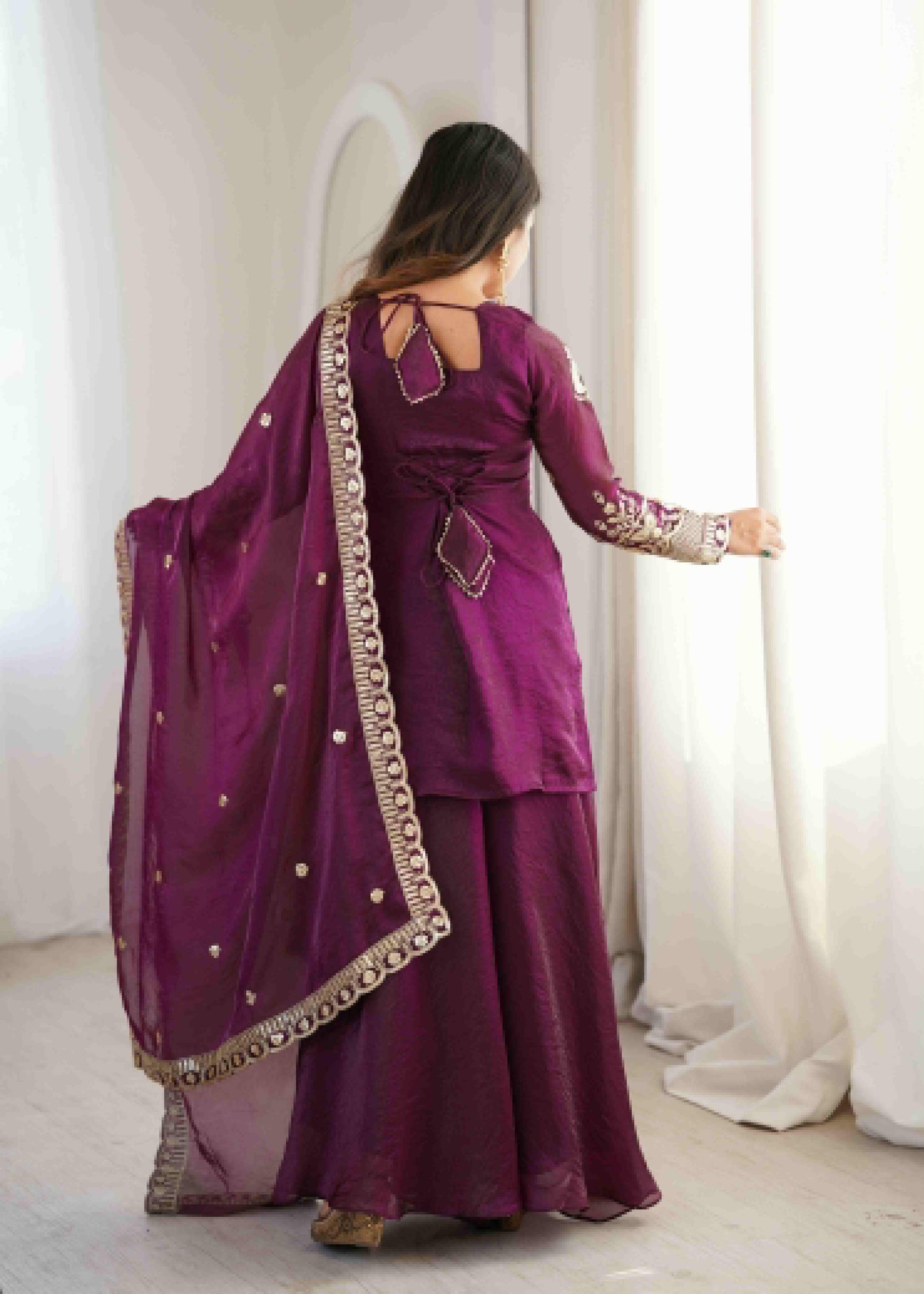 Royal Deep Purple Fendy Silk Kurta and Palazzo Set with Intricate Embroidery