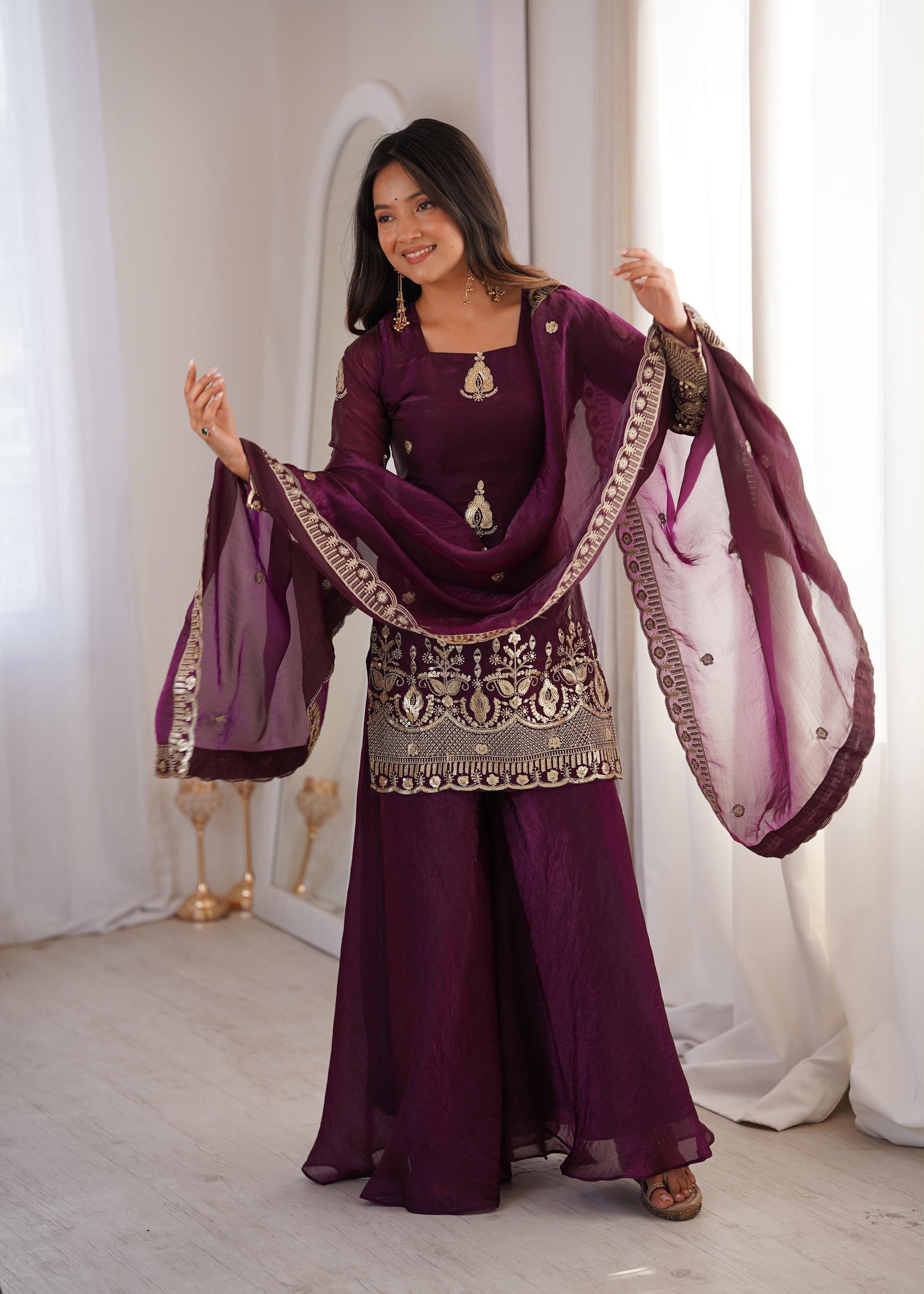 Royal Deep Purple Fendy Silk Kurta and Palazzo Set with Intricate Embroidery