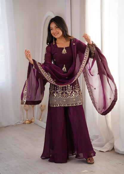 Royal Deep Purple Fendy Silk Kurta and Palazzo Set with Intricate Embroidery