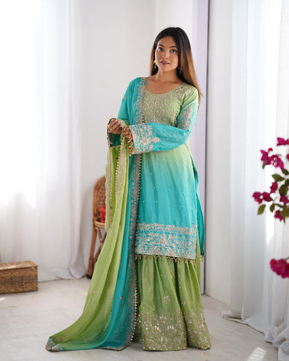 Designer Chinon Silk Kurta and Sharara Set with Intricate Hand Embroidery