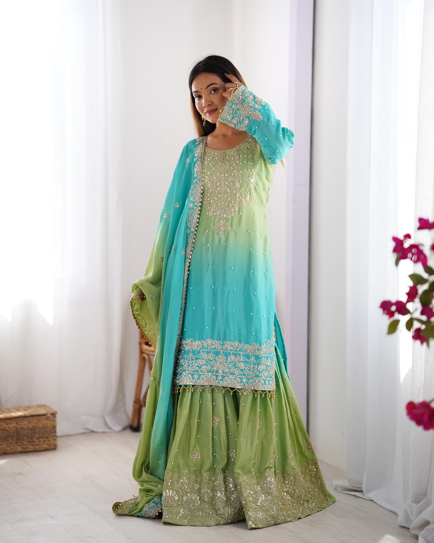 Designer Chinon Silk Kurta and Sharara Set with Intricate Hand Embroidery