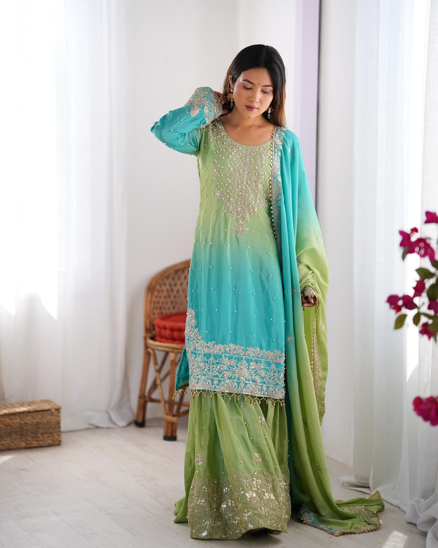Designer Chinon Silk Kurta and Sharara Set with Intricate Hand Embroidery