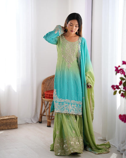 Designer Chinon Silk Kurta and Sharara Set with Intricate Hand Embroidery