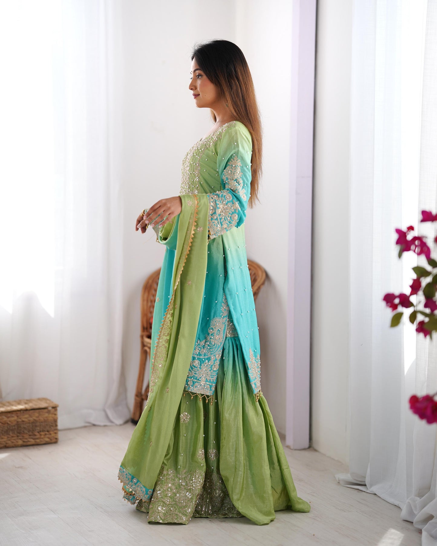 Designer Chinon Silk Kurta and Sharara Set with Intricate Hand Embroidery